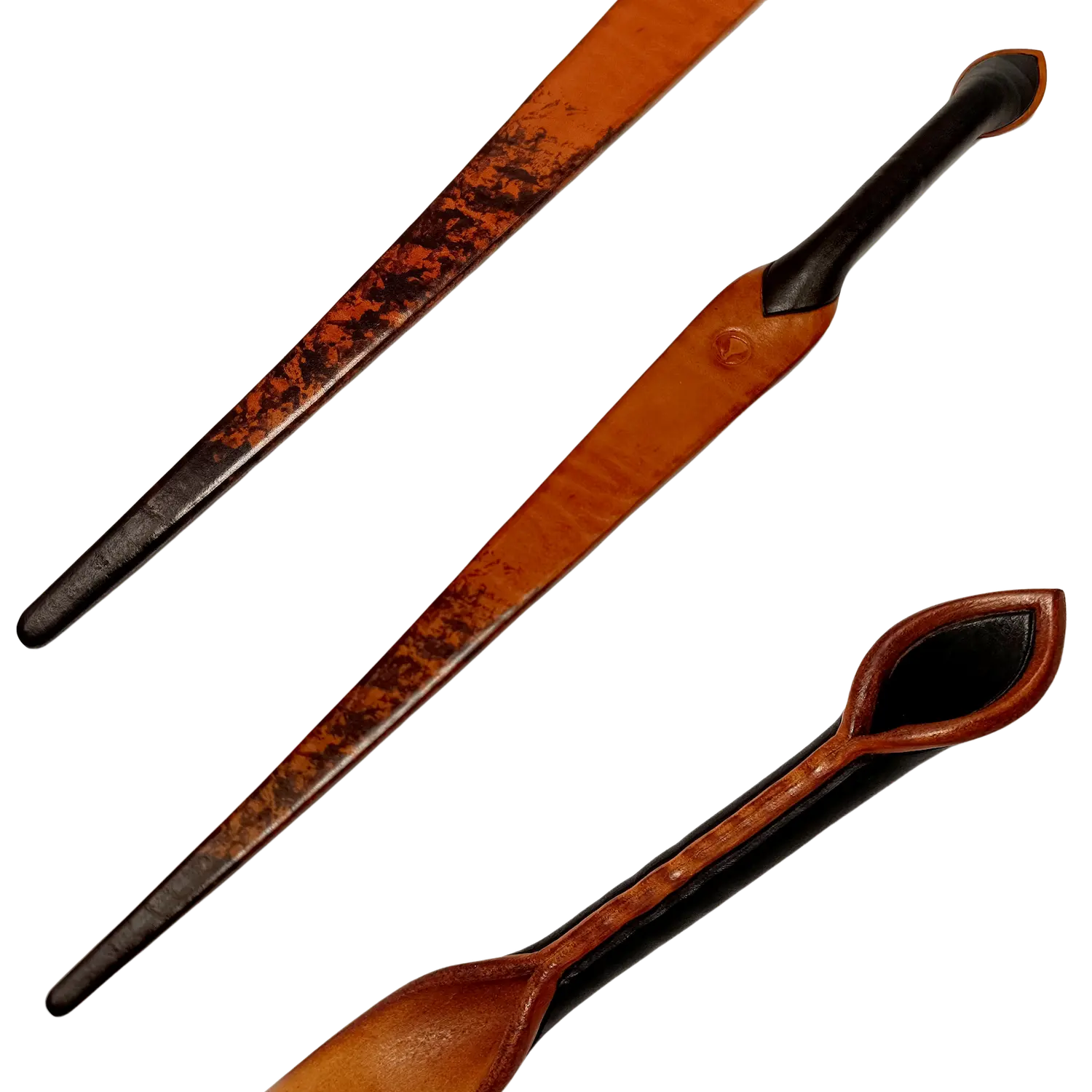 Plácačka ze silné barvené a leštěné kůže ve tvaru nože v oranžové barvě s černou rukojetí. Cena 3000 Kč