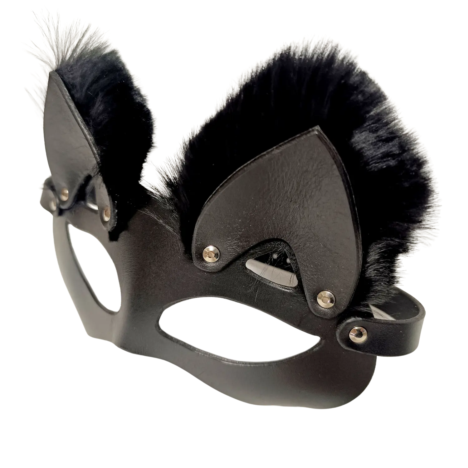 Černá kožená maska kočky s chloupky z králičí kožky. Cena 1400 Kč