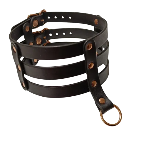 Elegantní třípatrový kožený řemínkový obojek s rosegold kováním. Cena 1200 Kč